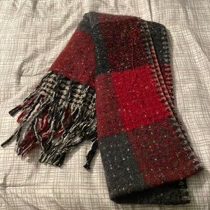 Red & Gray large warm blanket scarf with fringed ends